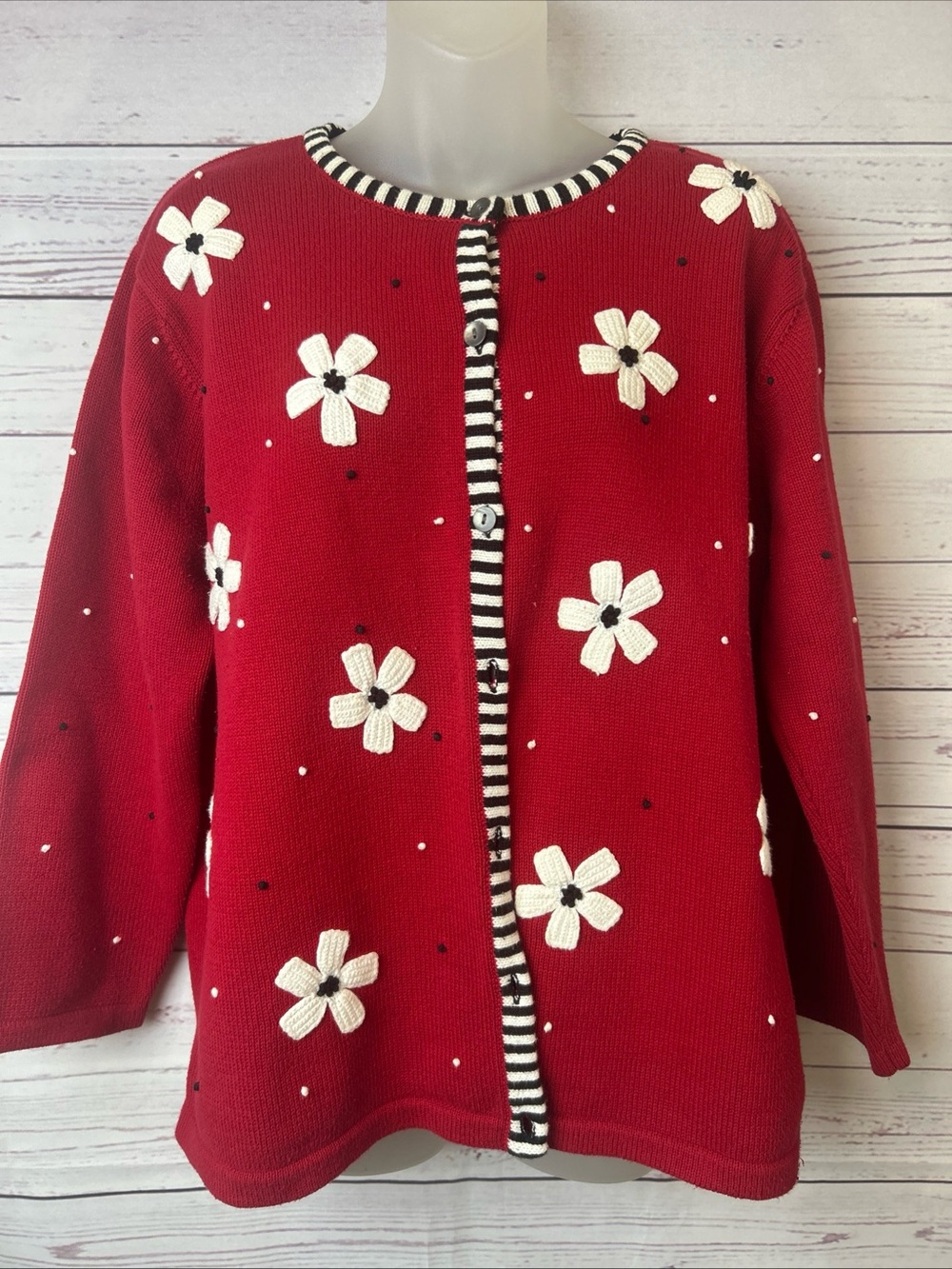 Talbots Petite 1X Cardigan Sweater Red Floral Applique Knit Black White Trim